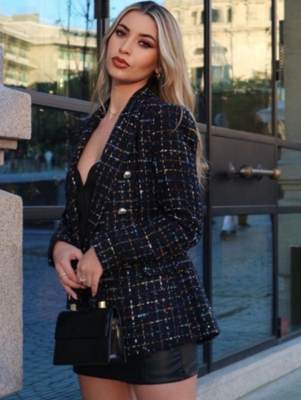 Zara Navy Tweed Blazer with Structured Shoulders